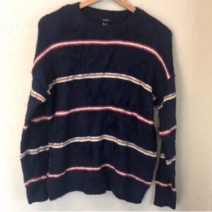 Crew neck Striped fuzzy long sleeve sweater